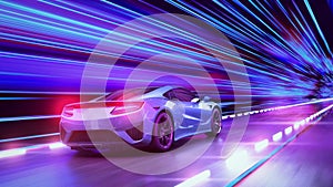 A modern sports car drives quickly through an abstract light tunnel . 4k 3d render