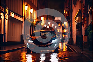 Modern Sports car at night on an old cobbled wet street