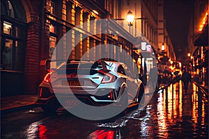 Modern Sports car at night on an old cobbled wet street