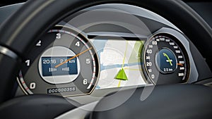Modern sports car steering wheel and cocpit with navigation screen. 3D illustration