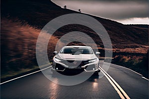 Modern Sports car on a wet street road speeding racing fast