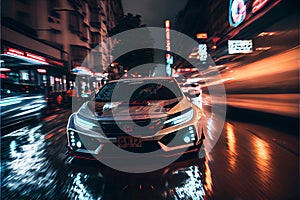 Modern Sports car on a wet street road speeding racing fast