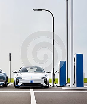 A modern sports white electric car of the future is being charged at a charging station