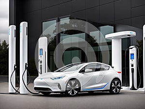 A modern sports white electric car of the future is being charged at a charging station