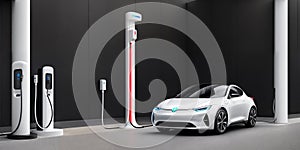 A modern sports white electric car of the future is being charged at a charging station