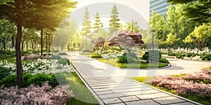 Modern spring blooming city park. Generative ai