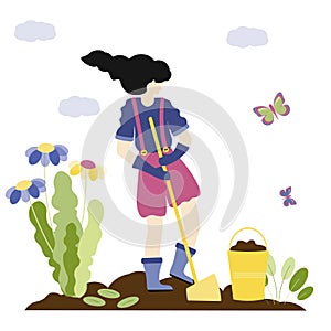 Modern  spring, gardening people concept. Stylish girl with fashionable hairstyle digs the ground with a shovel and plants flowers