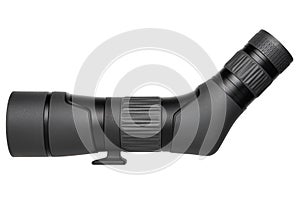 Modern spyglass. Long-range observation device. Monocular isolate on a white back