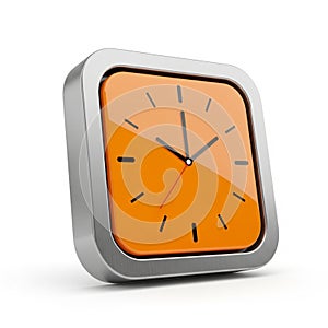 Modern Square Orange Clock with Silver Frame on White Background time