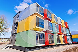 Modern stackable student apartments called spaceboxes in Almere, Netherlands