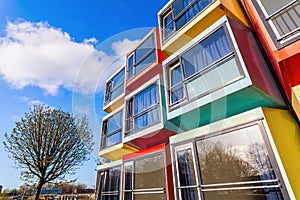 Modern stackable student apartments called spaceboxes in Almere, Netherlands