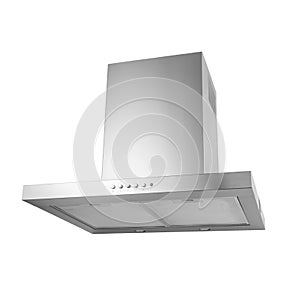 Modern stainless kitchen hood, isolated on white.
