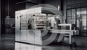 Modern stainless steel commercial kitchen with automated machinery and conveyor belt generated by AI
