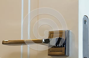 Modern stainless steel door handle on white wooden doors