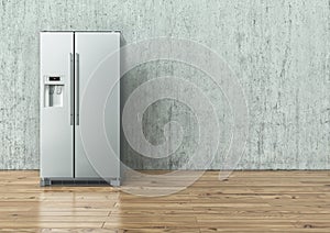 Acero inoxidable acero refrigerador sobre el concreto muro sobre el de madera piso  una imagen tridimensional creada usando un modelo de computadora 