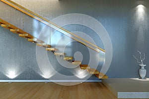 Modern stair from wood and glass railing