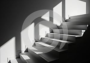 Modern staircase bathed in dramatic sunlight and shadow