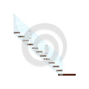 Modern staircase with wooden steps and glass handrails. Element for interior of business office building. Side view