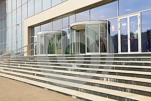 Modern stairs leading to an office building. Close up of marble staircase.