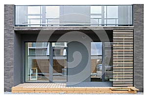 Modern standard system of windows, balconies and doors in a residential building isolated