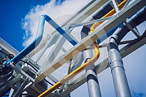 Modern steam pipeline for industrial on blue skies background.