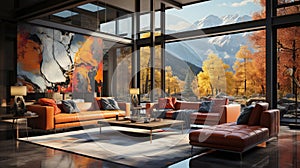 A Modern Steel and Concrete Home Living Room with Colorful Paintings Fall Mountain Scenary Outside Interior Background