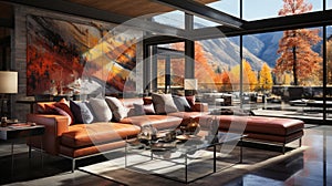 A Modern Steel and Concrete Home Living Room with Colorful Paintings Fall Mountain Scenary Outside Interior Background