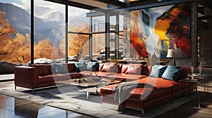 A Modern Steel and Concrete Home Living Room with Colorful Paintings Fall Mountain Scenary Outside Interior Background