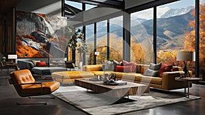 A Modern Steel and Concrete Home Living Room with Colorful Paintings Fall Mountain Scenary Outside Interior Background