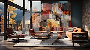 A Modern Steel and Concrete Home Living Room with Colorful Paintings Fall Mountain Scenary Outside Interior Background