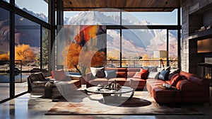 A Modern Steel and Concrete Home Living Room with Colorful Paintings Fall Mountain Scenary Outside Interior Background