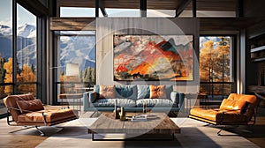 A Modern Steel and Concrete Home Living Room with Colorful Paintings Fall Mountain Scenary Outside Interior Background