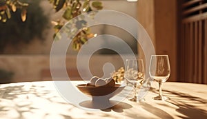 Modern still life exterior lifestyle Mediterranean in summer scene, fruit and wine glasses on table