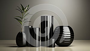 Modern still life. Group of black contemporary metal and ceramic vases of various shapes, sizes and textures. Interior wallpaper