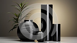 Modern still life. Group of black contemporary metal and ceramic vases of various shapes, sizes and textures. Interior wallpaper