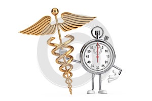 Modern Stopwatch Cartoon Person Character Mascot with Golden Medical Caduceus Symbol. 3d Rendering