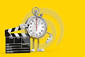 Modern Stopwatch Cartoon Person Character Mascot with Movie Clapper Board. 3d Rendering