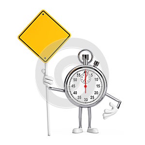 Modern Stopwatch Cartoon Person Character Mascot and Yellow Road Sign with Free Space for Yours Design. 3d Rendering