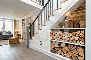 Storage solution with wood pile under stairs photo