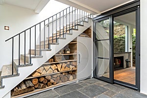 Storage solution with wood pile under stairs photo
