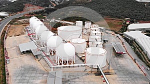 Modern storage tanks. Industrial gas factory plant. Gas tanks in refinery factory industry. Large fuel storage tanks