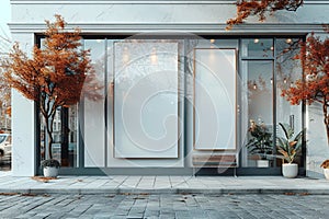 Modern storefront with blank banners, perfect for retail and marketing in autumn season.
