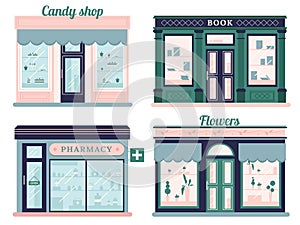 Modern stores set. Candy shop facade and urban book store. Local retail pharmacy and flowers boutique. Outdoor