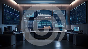 Modern Strategic Workspace Featuring Multiple Digital Screens Displaying Data and Analytics in a Sophisticated Environment