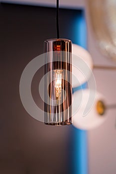 Modern streamlined copper chandelier. Glass shaped pendant lamp interesting form