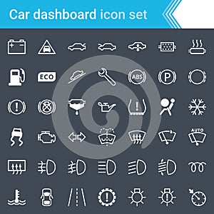 Modern, stroked car dashboard, indicators and service maintenance icons isolated on dark background.