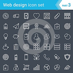 Modern, stroked web design, seo and development icons isolated on dark background.