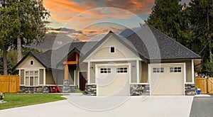 Modern Stucco Siding Exterior Maison House Fiery Sunset Clouds Sky Background