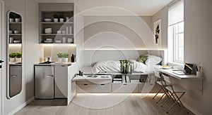 Modern studio apartment with integrated kitchen, bed, and workspace
