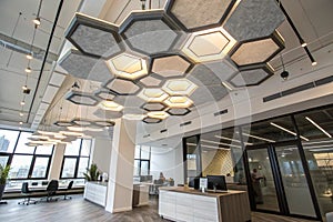Large hexagon chandelier against geometric ceiling